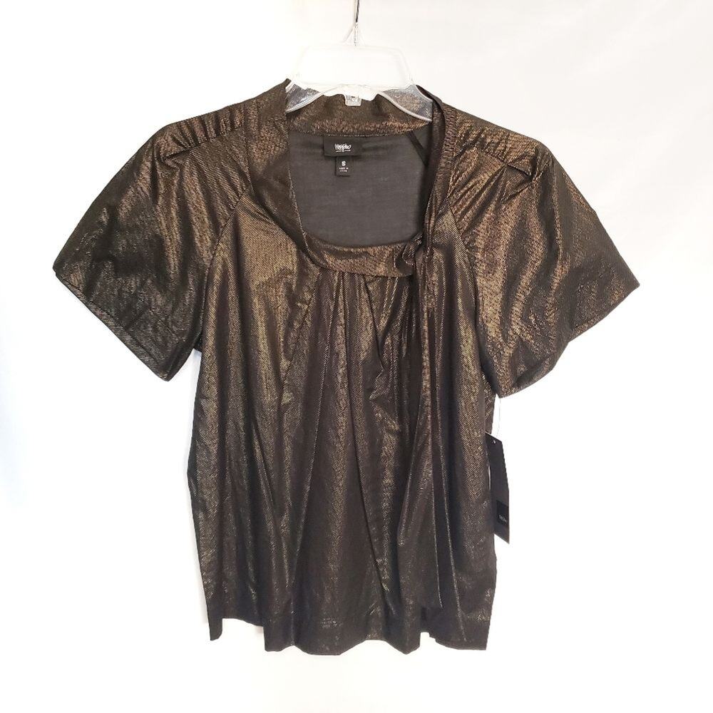 Mossimo Womens Square Neck Top Small Short Sleeve Tie Sheer Gold New Disco Retro